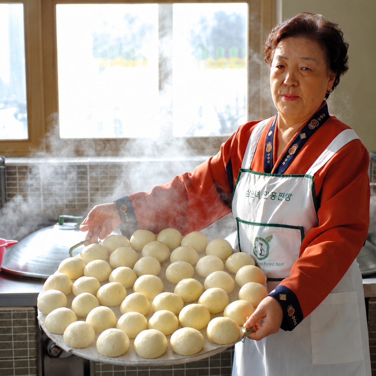 김이 오르는 찐빵 쟁반을 들고 있는 심순녀 어머니